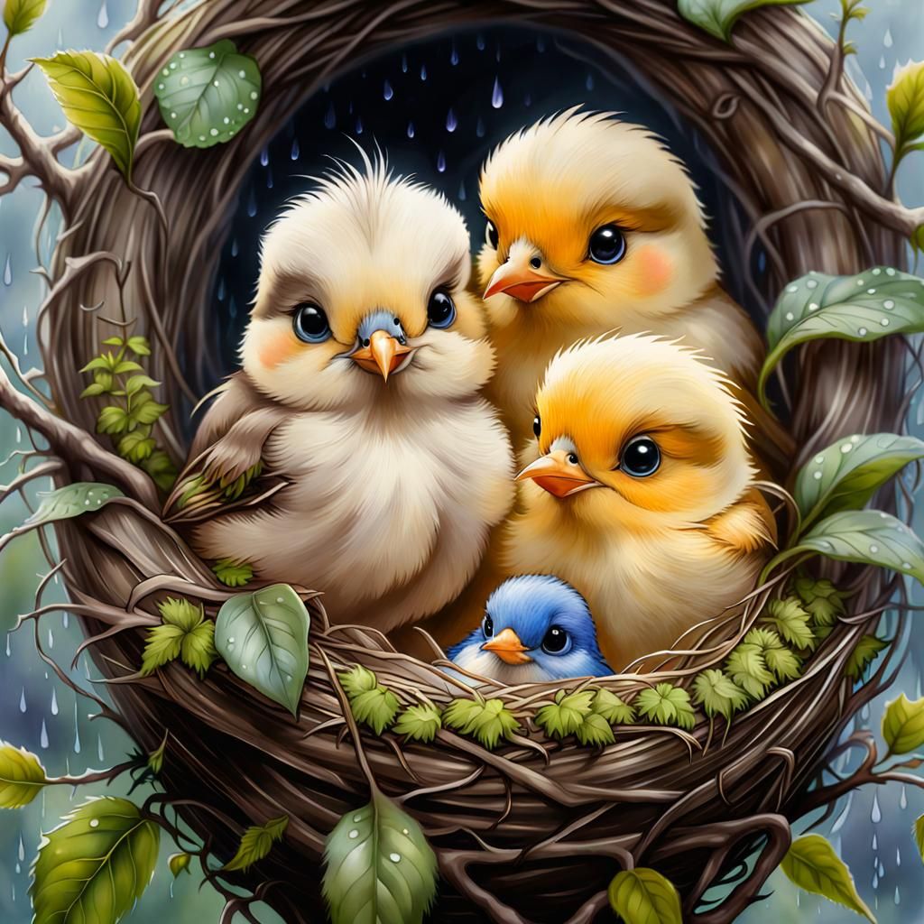 Birds in Nest Watercolor Painting, Vivid Colors