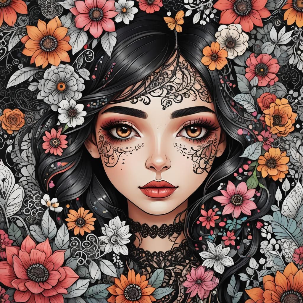 Doodle Art Girl Portrait with Flowers in Prismatic Colors