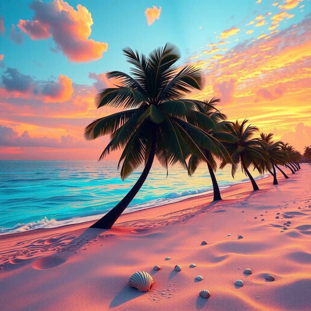 Tropical Beach Sunset: Hyperrealistic Digital Gouache Painti...