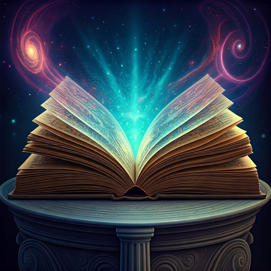 Cosmic Book of Prophecies on Pedestal