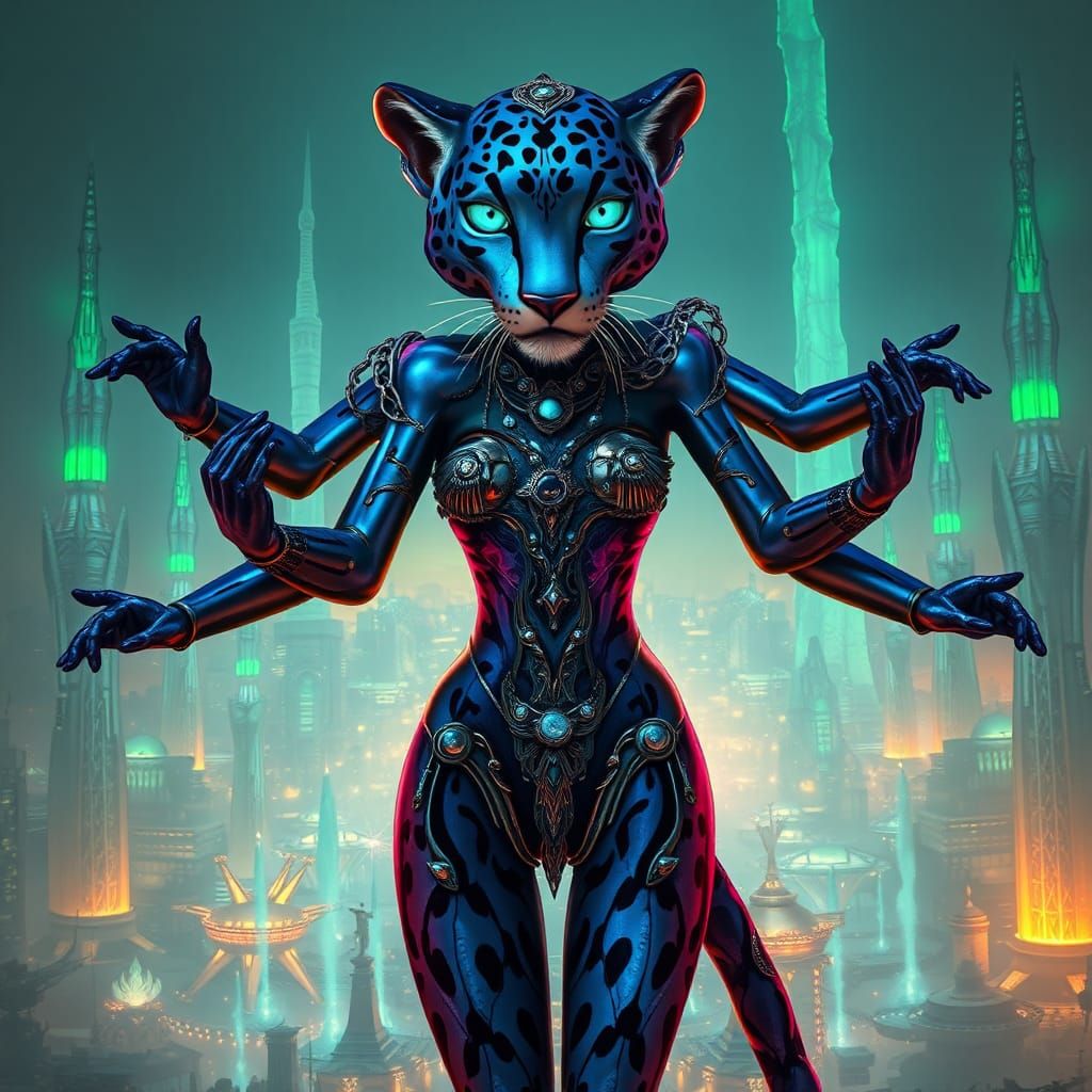 Iridescent Leopard Goddess in Dystopian Metropolis