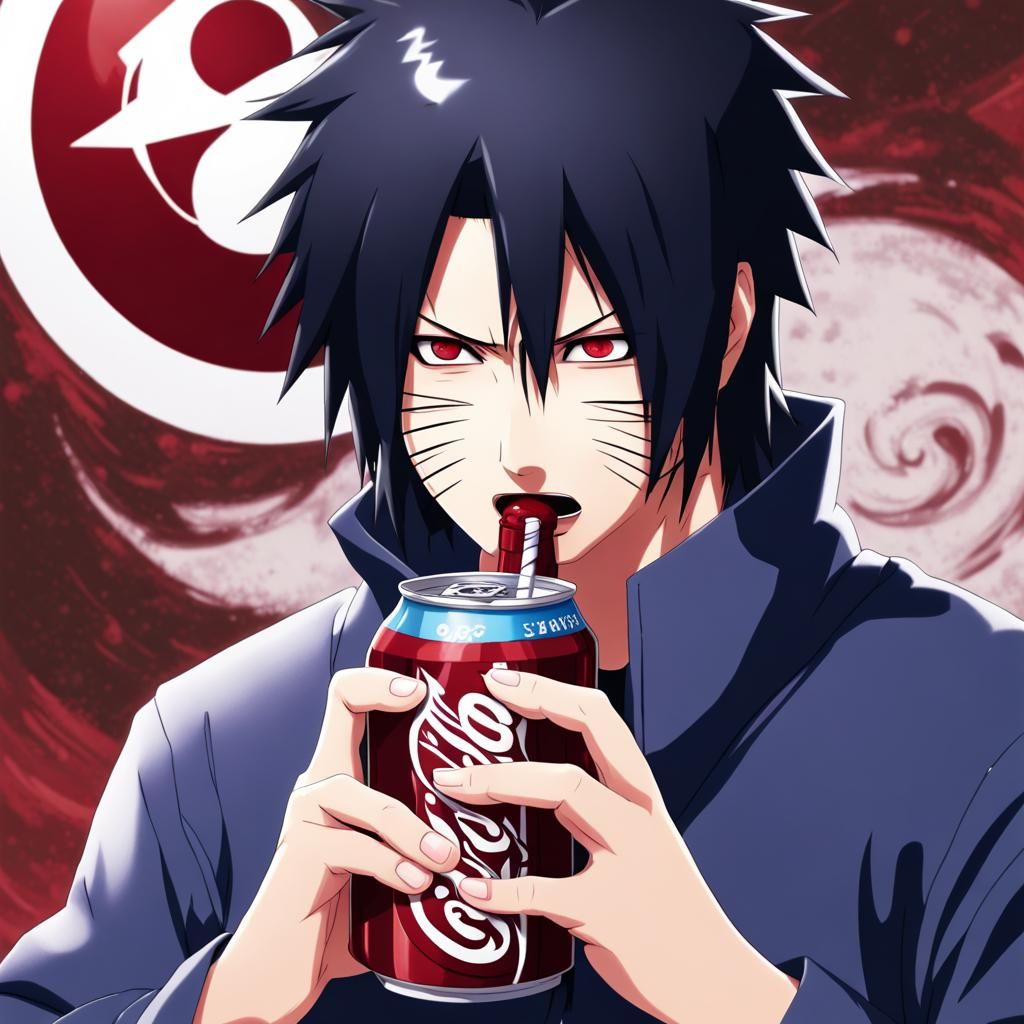 Sasuke with Sharingan Drinking Soda, Anime Style