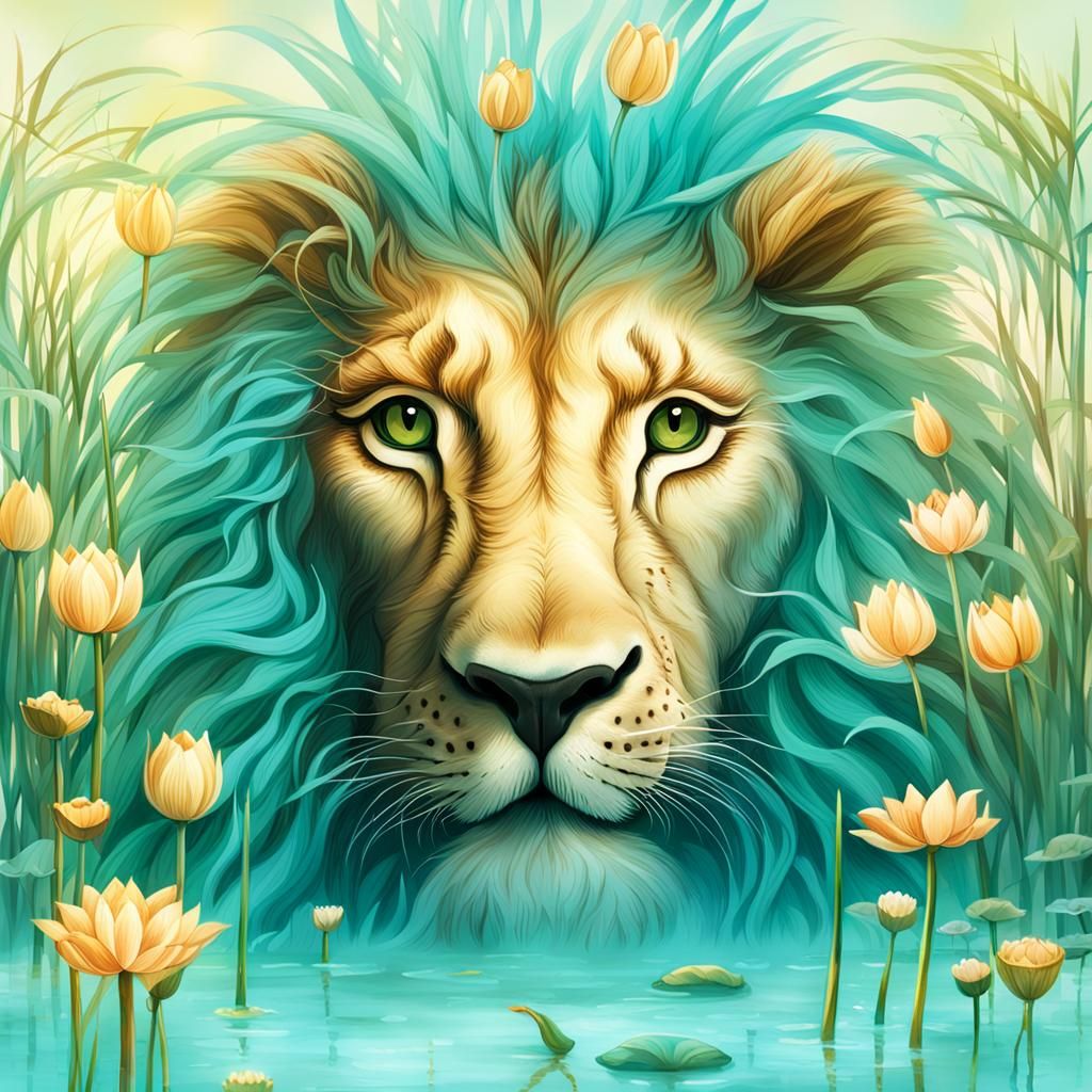 Fantasy Illustration: Boy Lion in Lotus Water