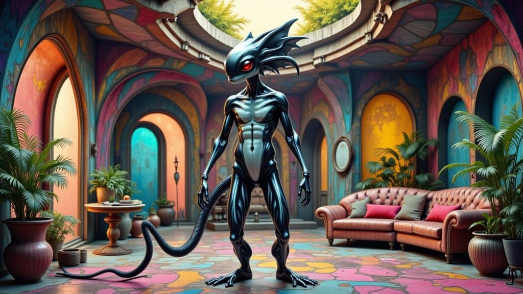 Skunk-Lizard Alien in Abstract House