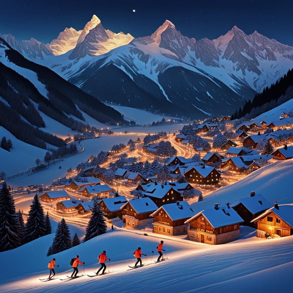 Night Ski Run Down Swiss Alps Towards Village