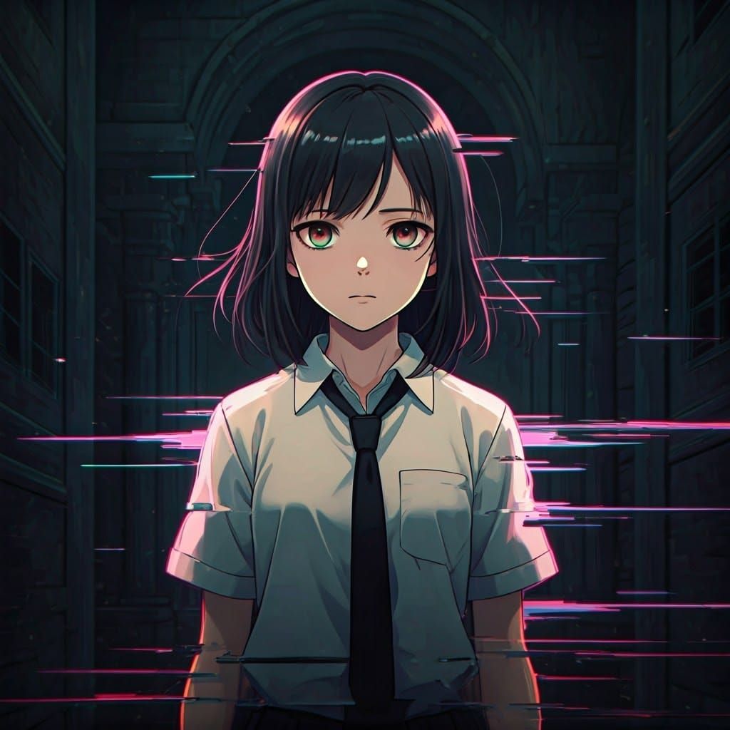 Glitch-Afflicted Anime Girl in Eerie Dreamscape