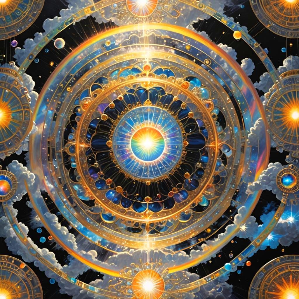 Radiant Figure Lounging on Cloud with Tesseract