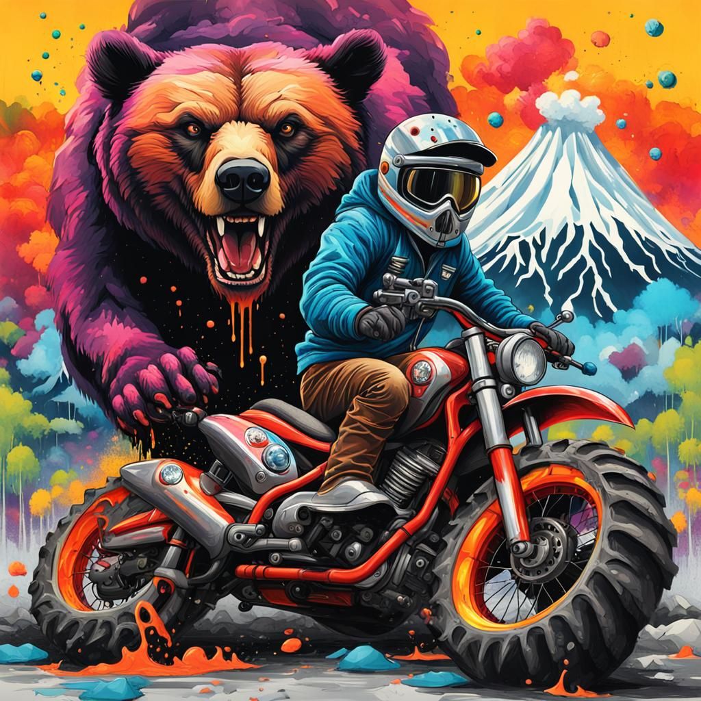 Bear Rides Monster Bike: Graffiti Art Volcano