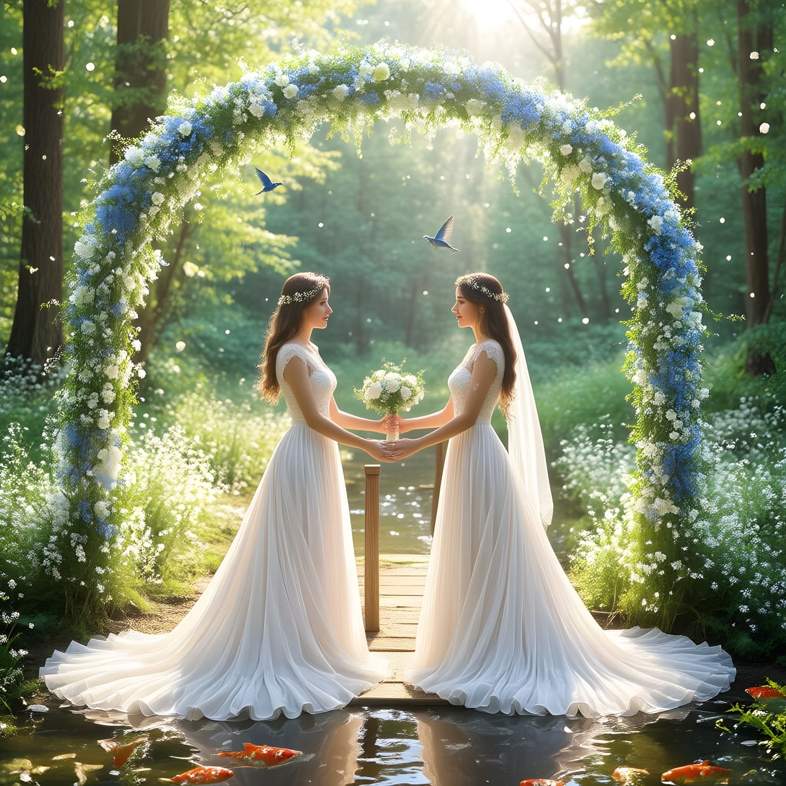 Romantic Forest Wedding with Two Brides and Falling Petals