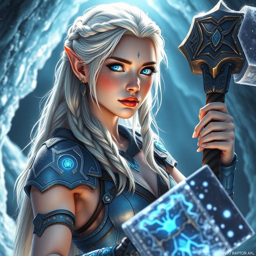 Hammer Warrior in Ice Cavern: Digital Art