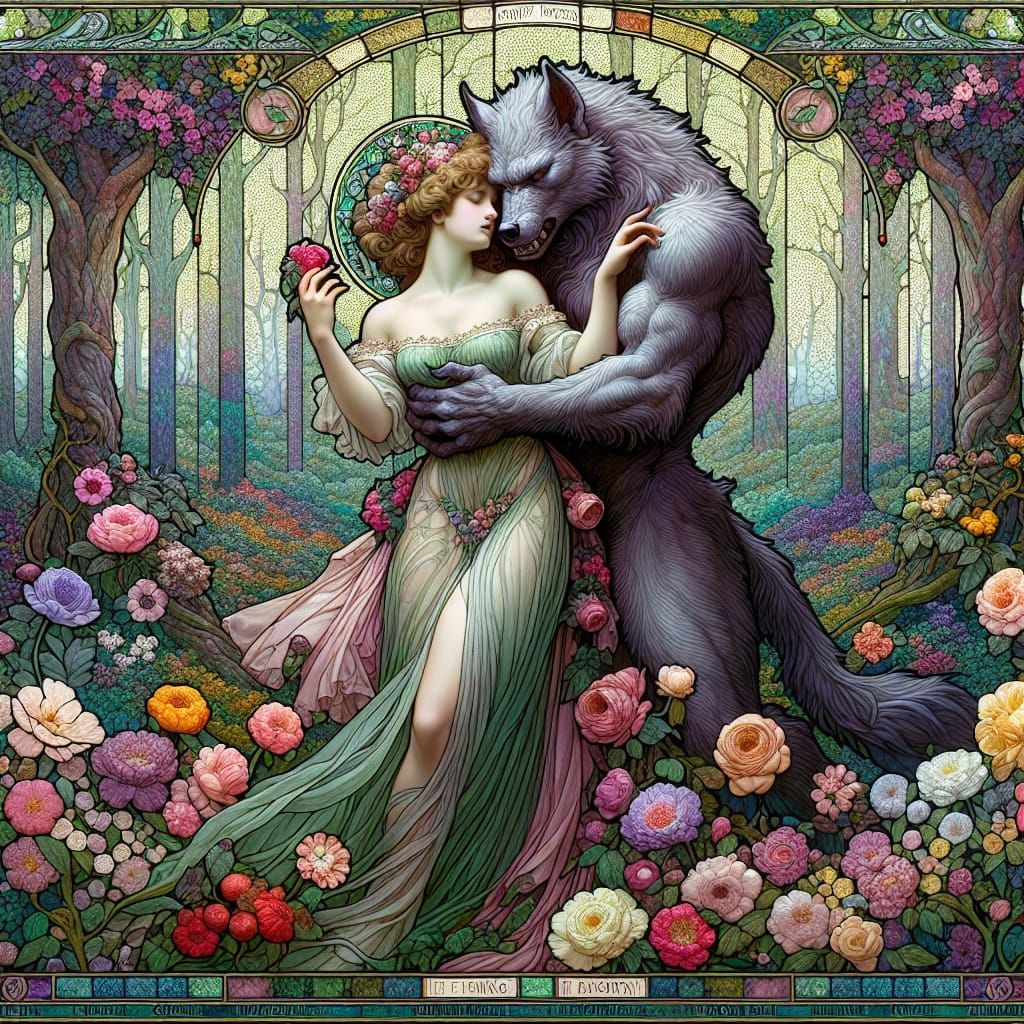 Princess and Werewolf Embrace in Art Nouveau Stained Glass