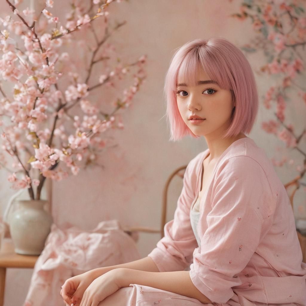Vibrant Anime Girl in Pastel Colors with Cherry Blossoms