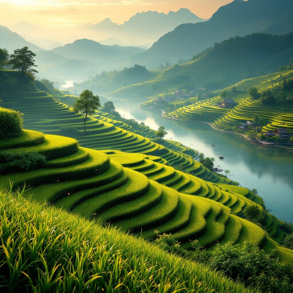 Lush Vietnamese Rice Terraces in Golden Afternoon Light