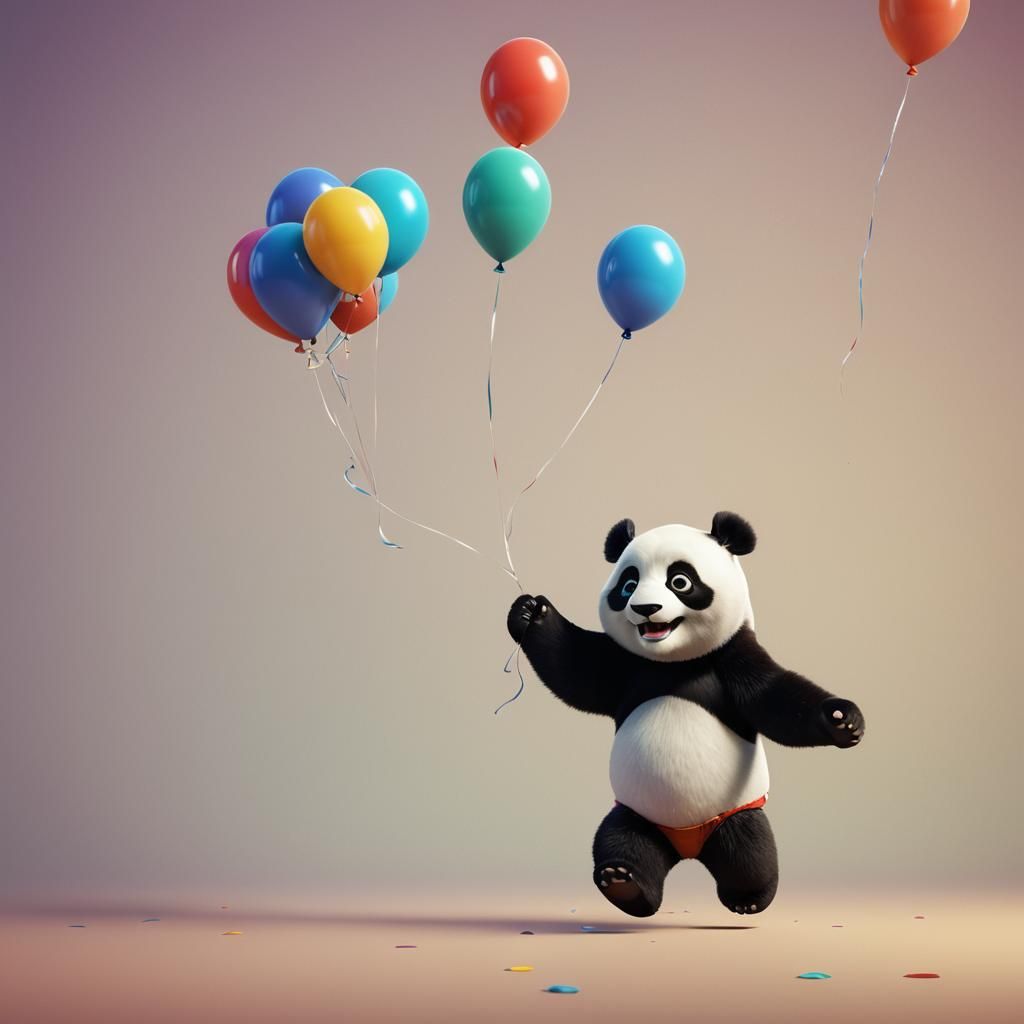 Panda Bear Floating with Balloon in Pixar Style