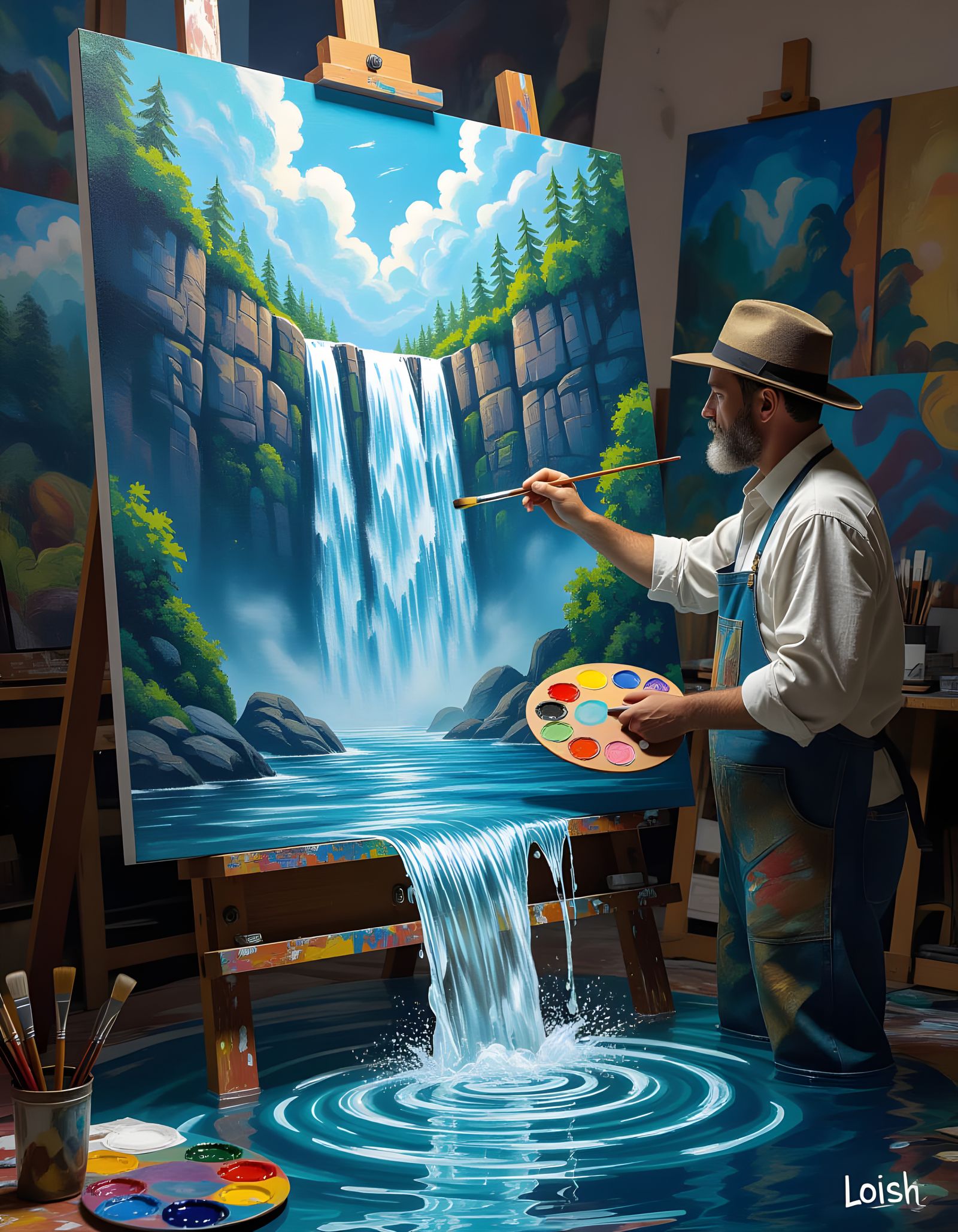 Artist's Waterfall Painting Floods Whimsical Studio
