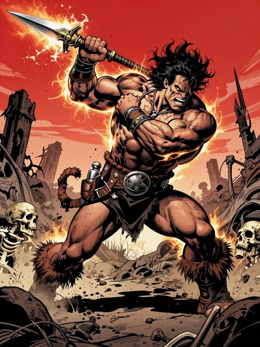 Barbarian Smashing Raider Weapon in High Contrast Comic Art