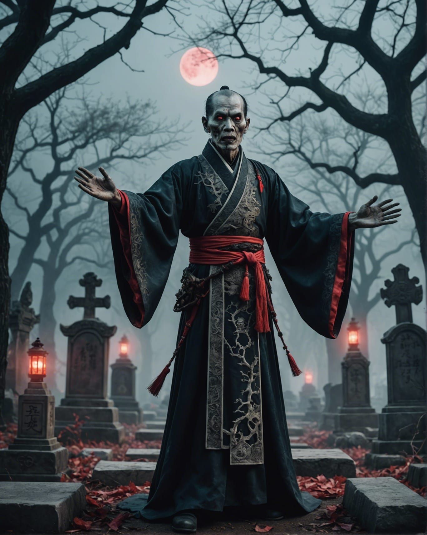 Qing Dynasty Zombie in Graveyard: Hyperrealistic Concept Art