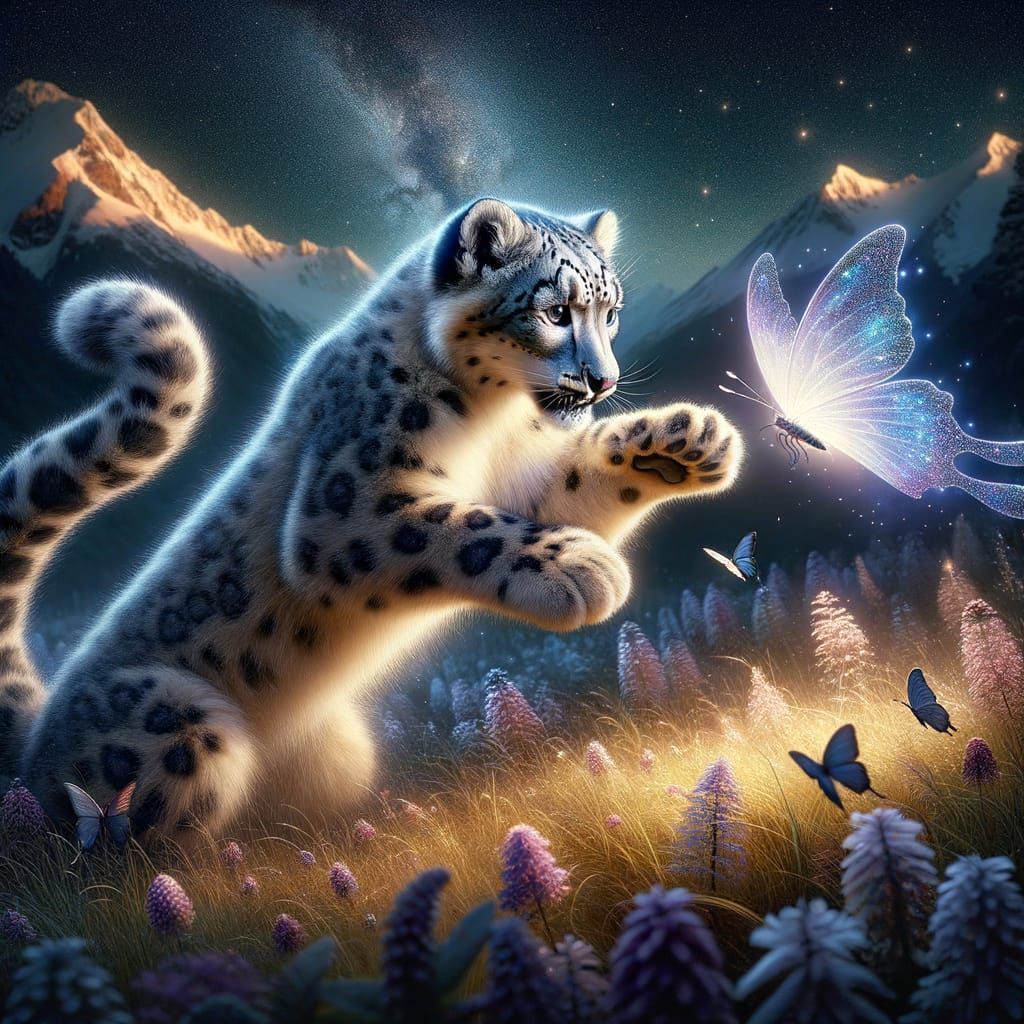 Snow Leopard Cub with Ethereal Butterfly in Magical Realism