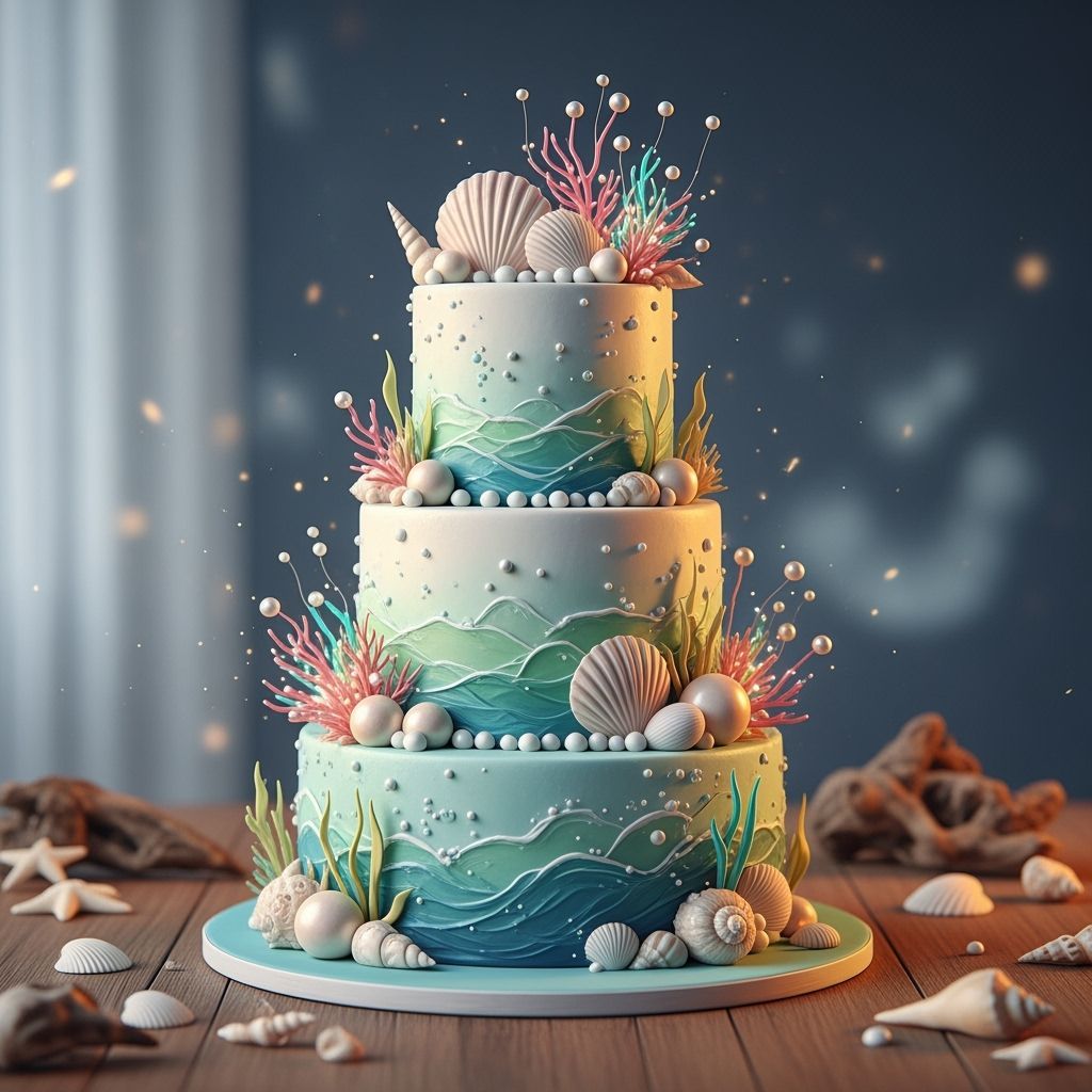 Sea-Themed Wedding Cake in Digital Art Style