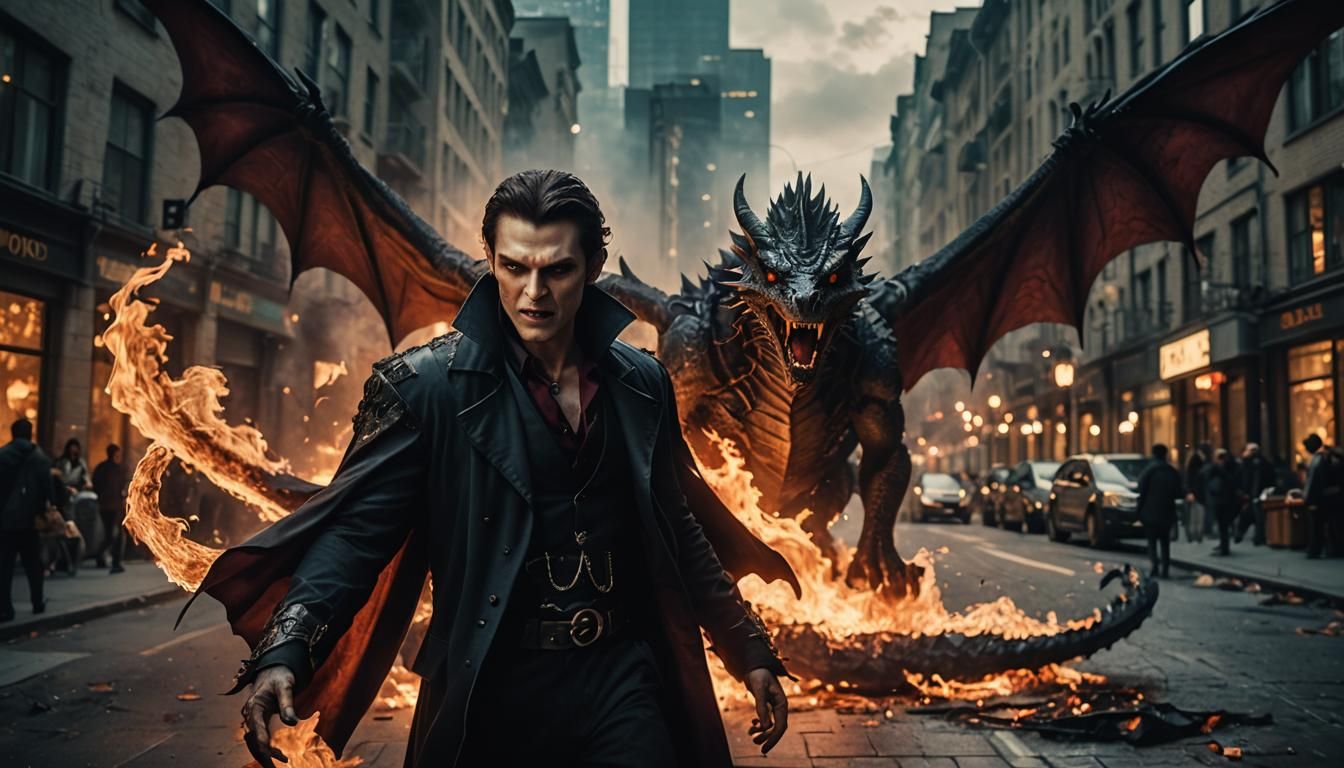 Dragon-Winged Vampire Casting Fire Magic in Cityscape