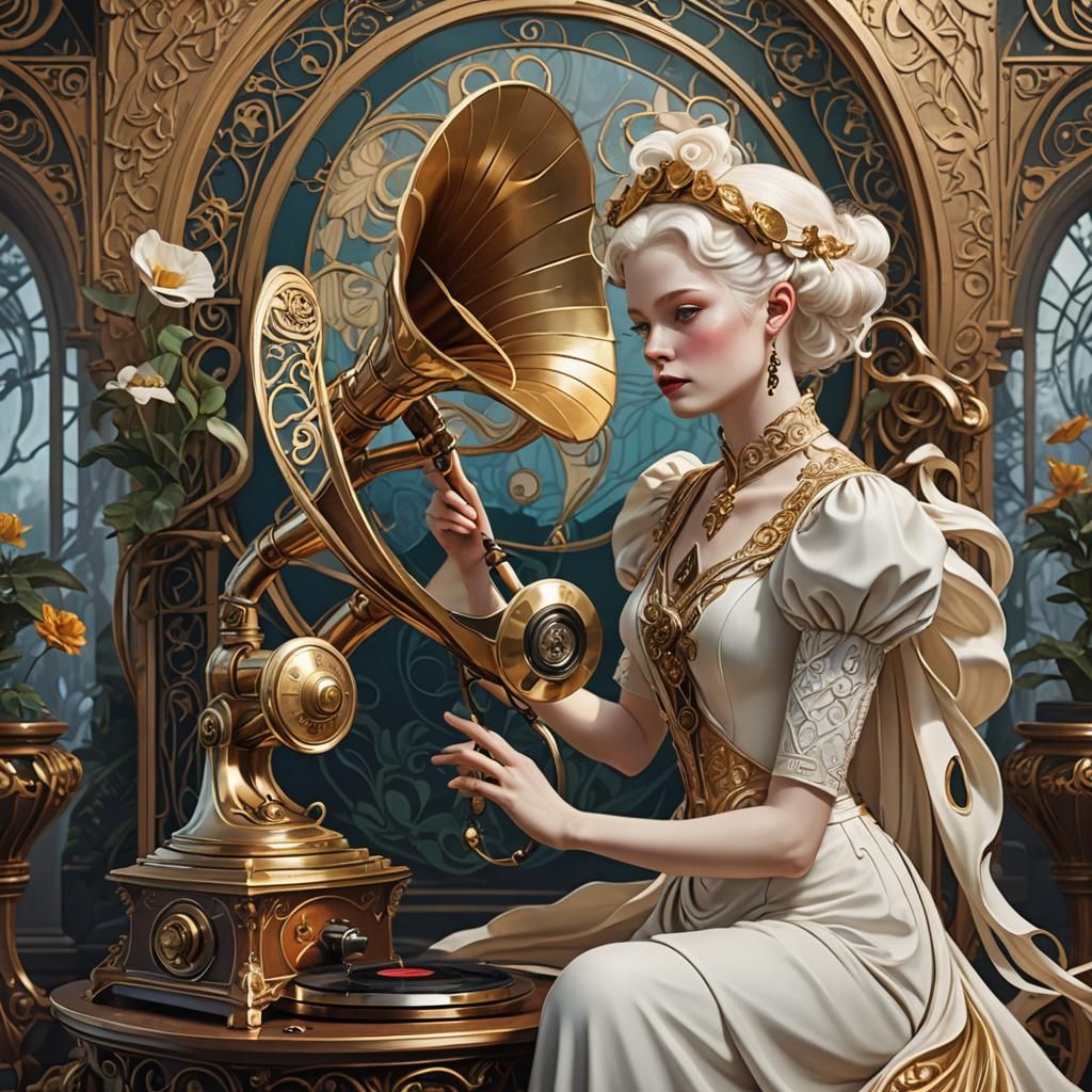 Art Nouveau Albino Lady with Gramophone