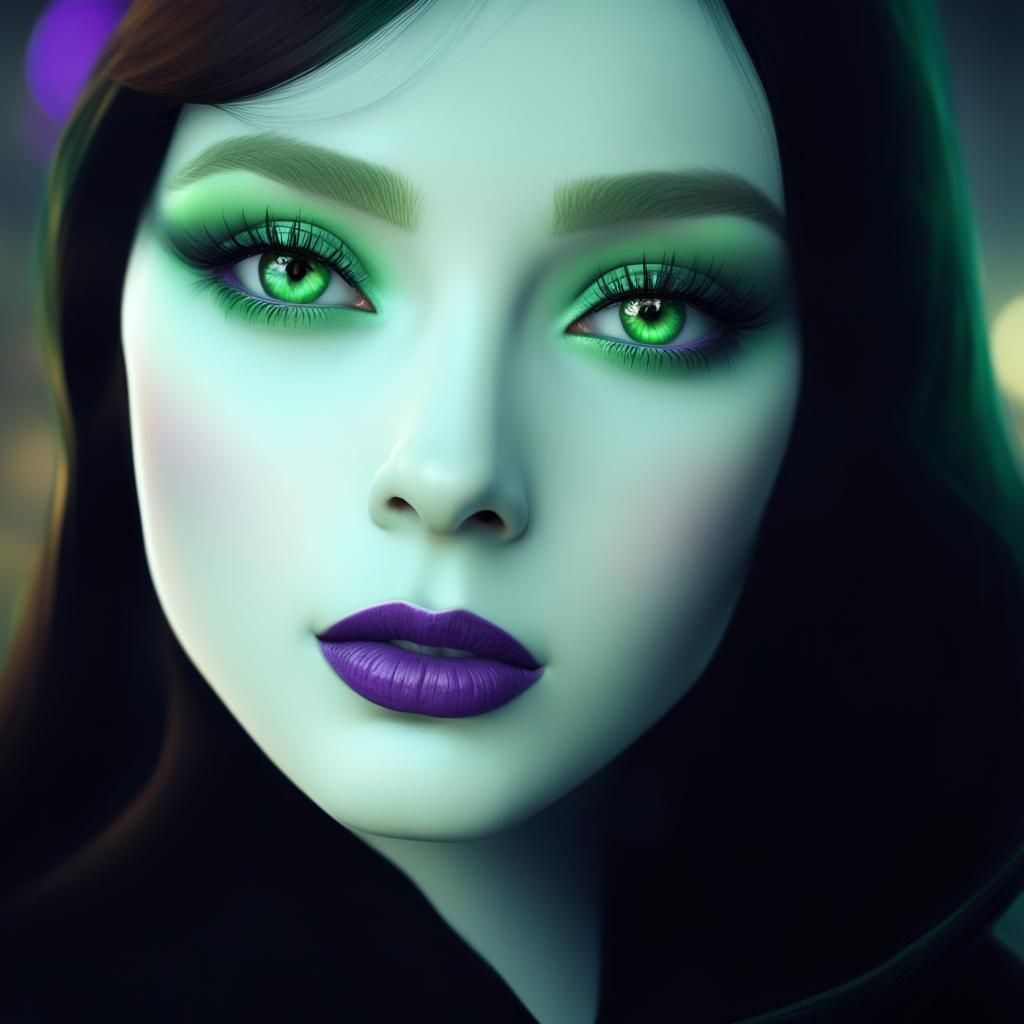 Ethereal beauty with dark brown hair and green eyes