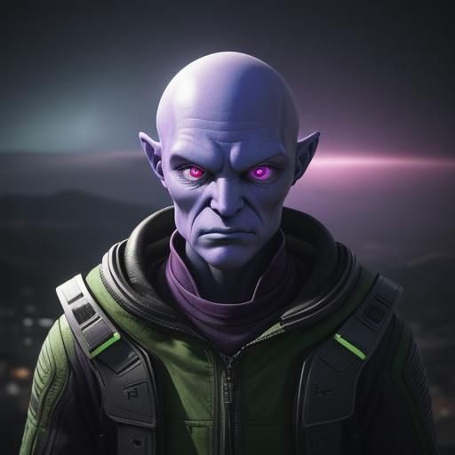 Purple Alien in Brown Jacket 3D Render