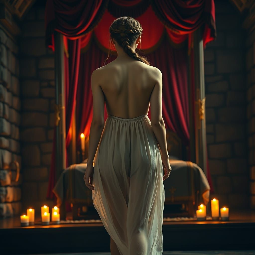 A Young Woman in Medieval Attire Walks Towards a Grand Canop...