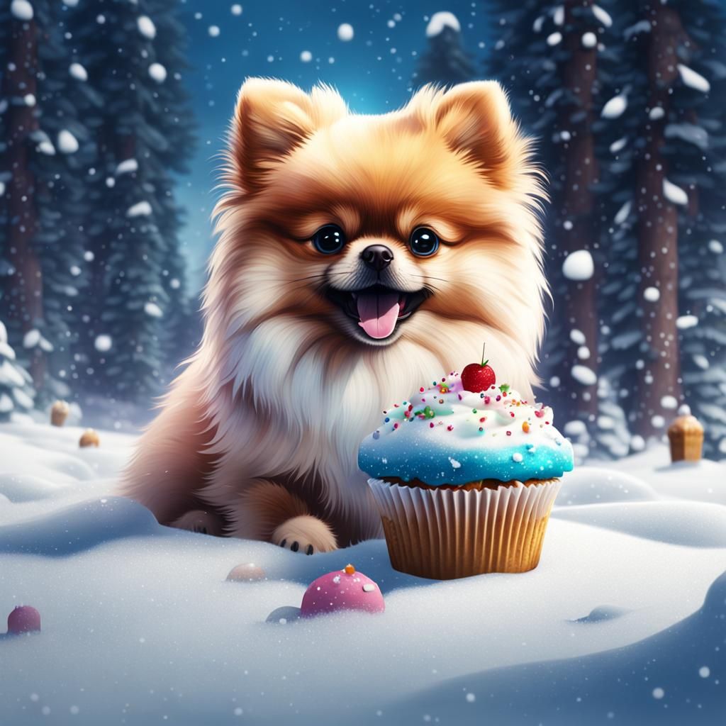 Pomeranian Eats Cupcake in Snowy Scene
