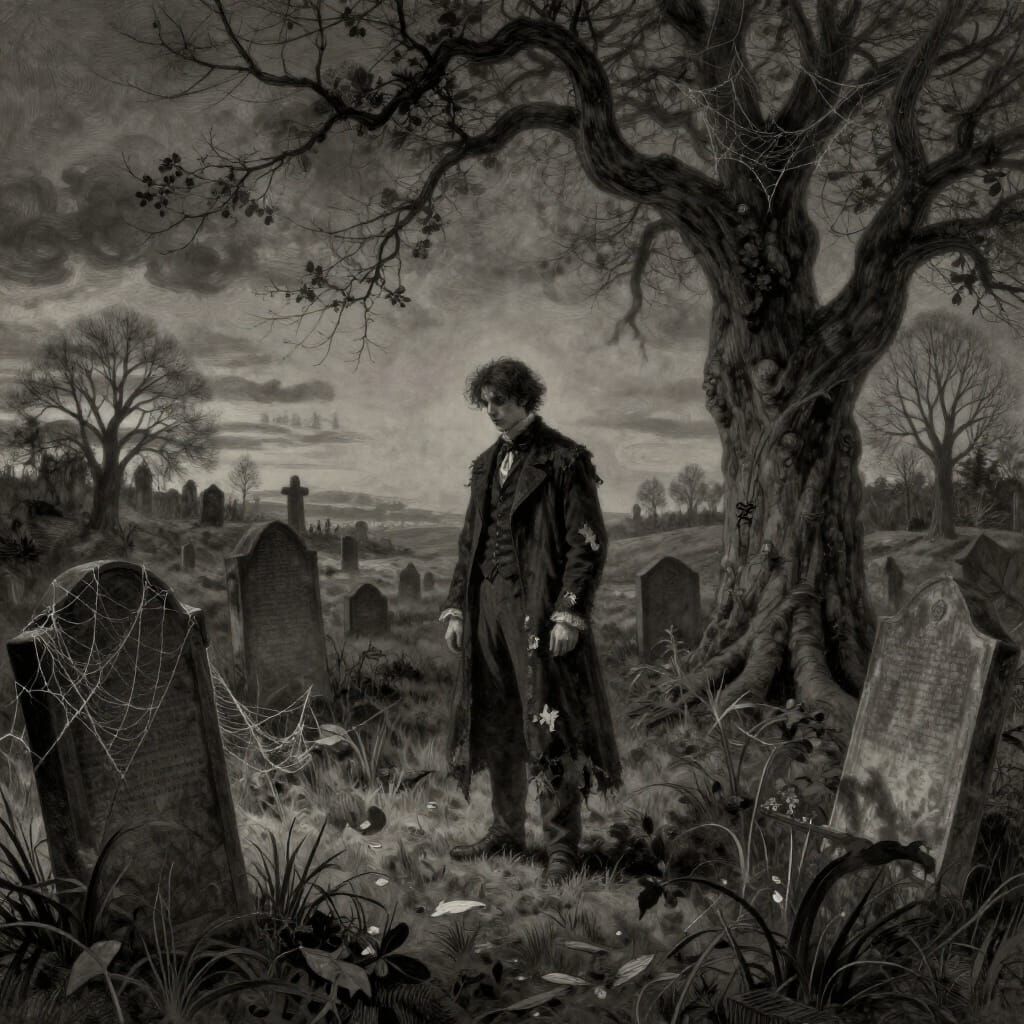Victorian Figure in Eerie Graveyard at Dusk