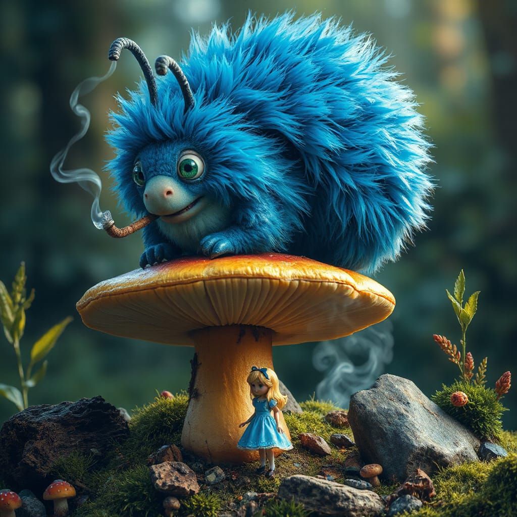 Blue Caterpillar Smoking Hookah in Wonderland