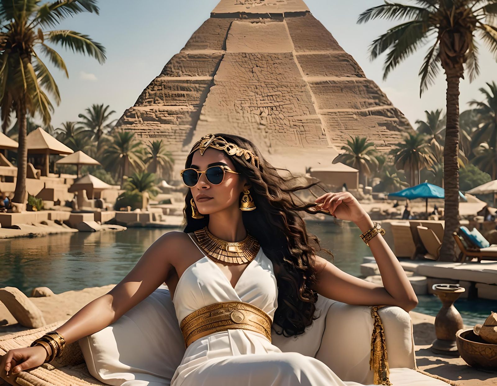 Lady Cleopatra sunbathing by the Nile River in stylish style