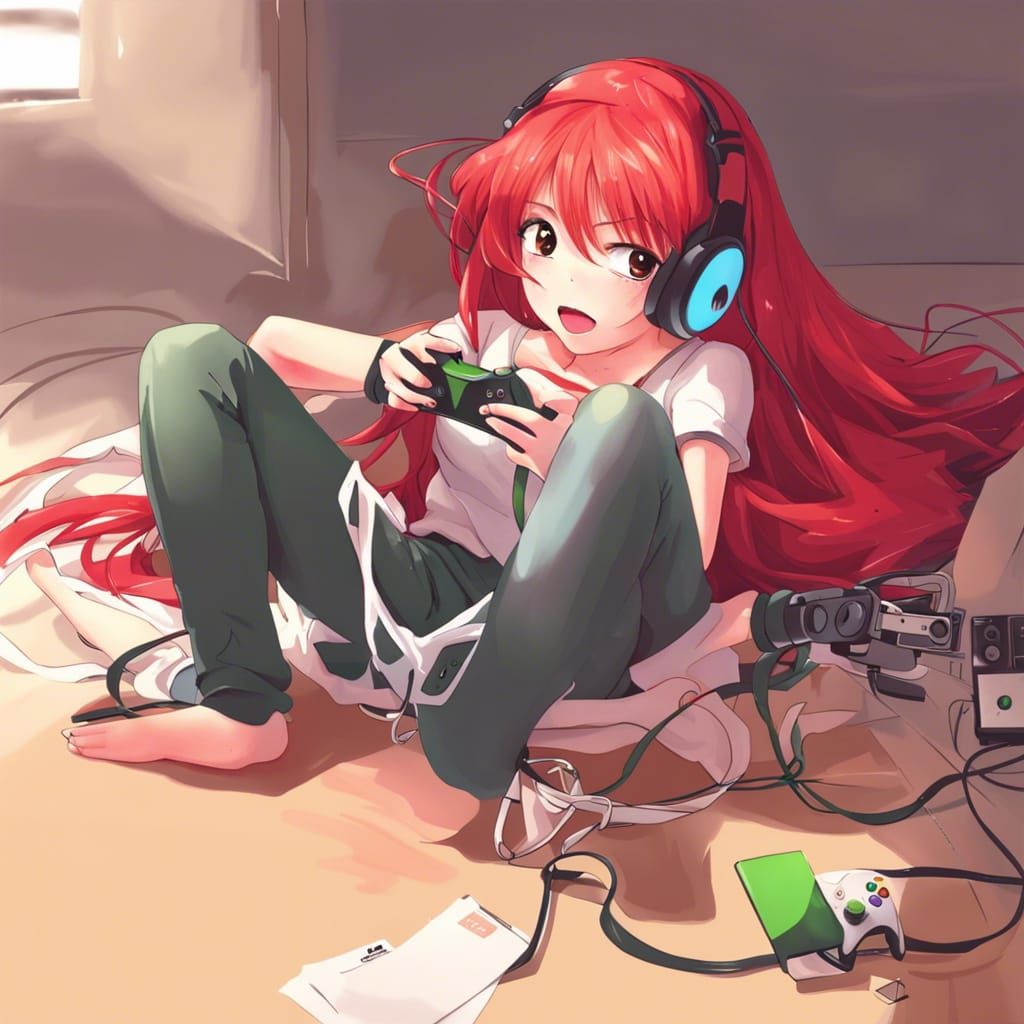 Red-Haired Girl Playing Xbox in Anime Style