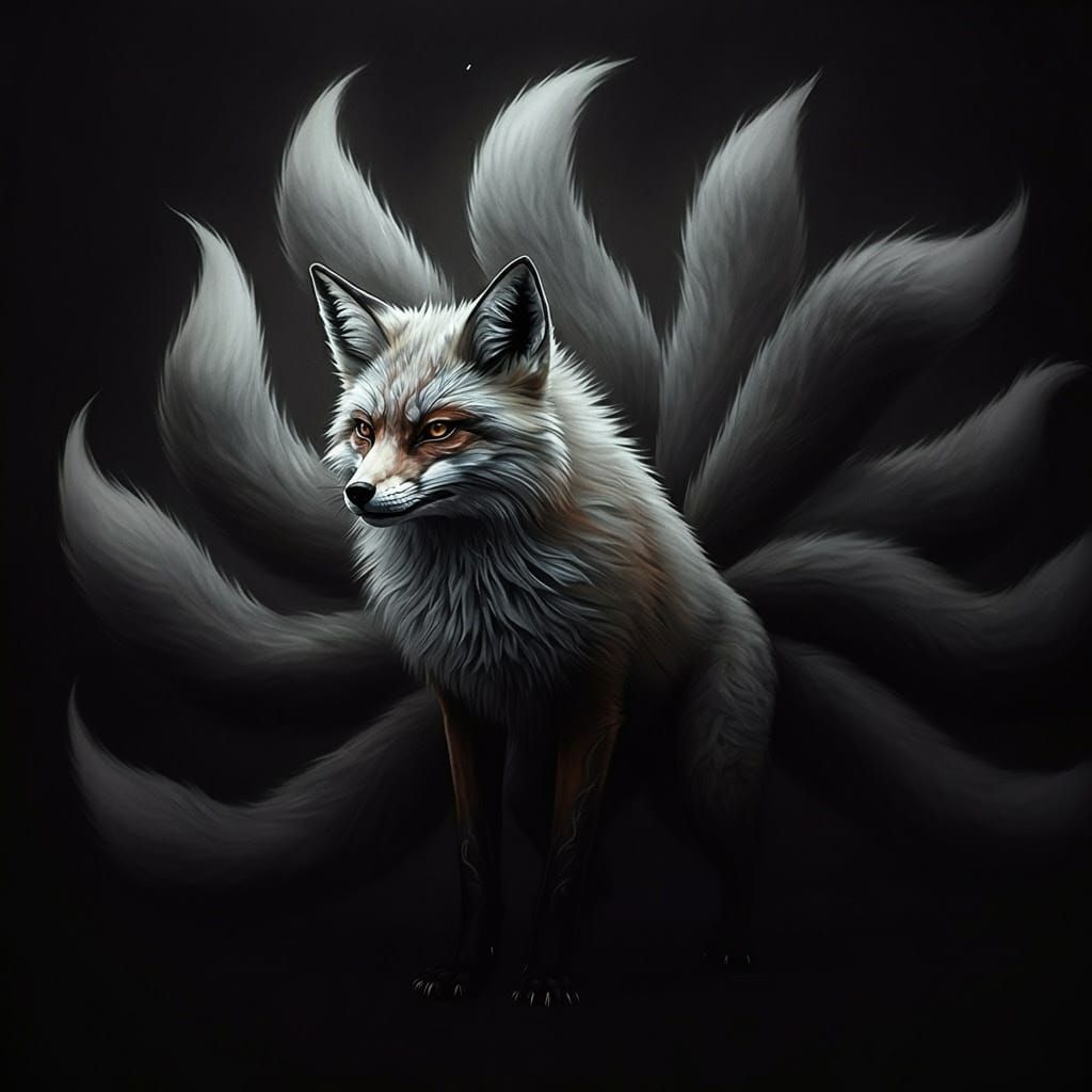 Dark Noir Nine-Tailed Kitsune in Charcoal Drawing Style