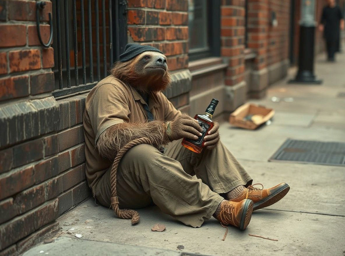 Drunk Sloth on City Sidewalk with Whiskey Bottle