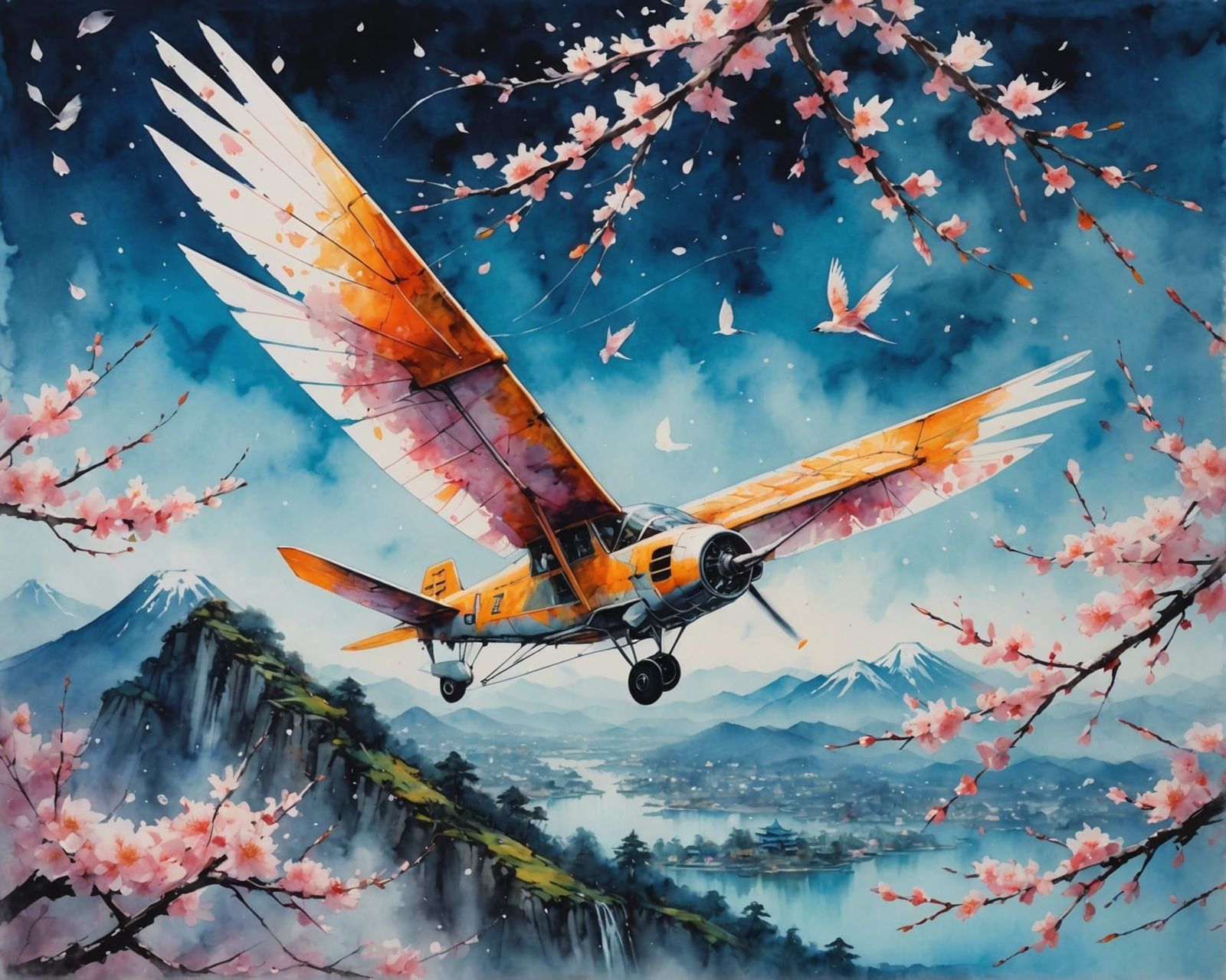 Hand Glider Over Japan in Watercolor Style