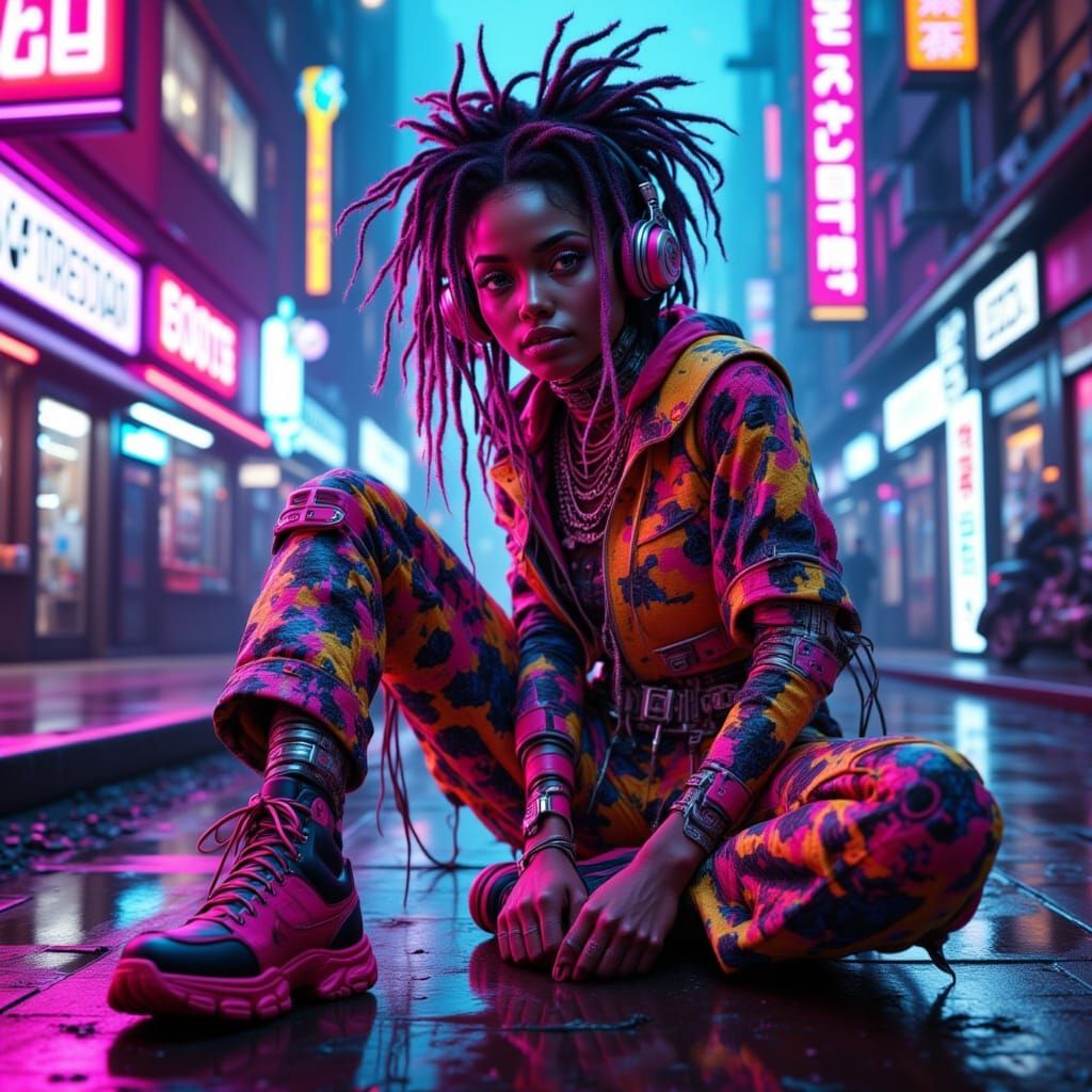 Cyberpunk Girl with Dreadlocks in Dystopian Cityscape