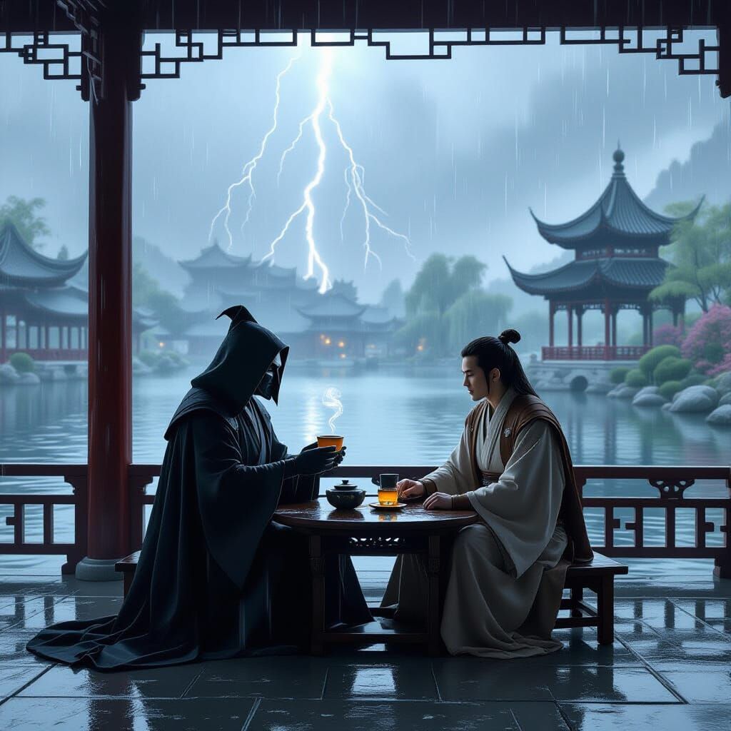 Sith Lord and Jedi Share Tea in Rainy Pavilion