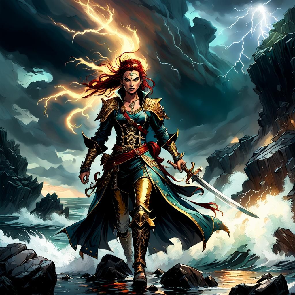 Fierce Pirate Queen Concept Art on Stormy Shore