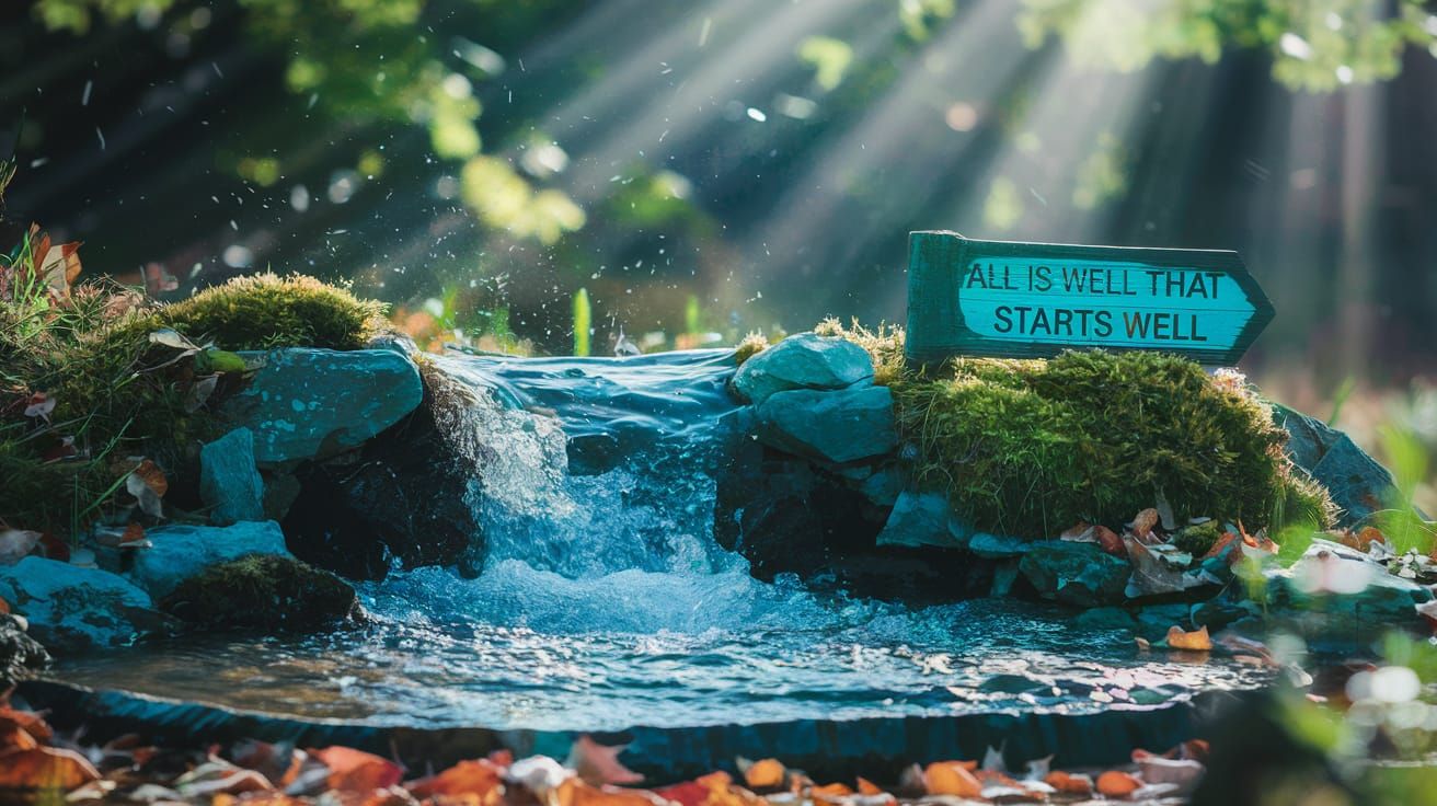 Sunlit Forest Spring with Mossy Rocks and Sign