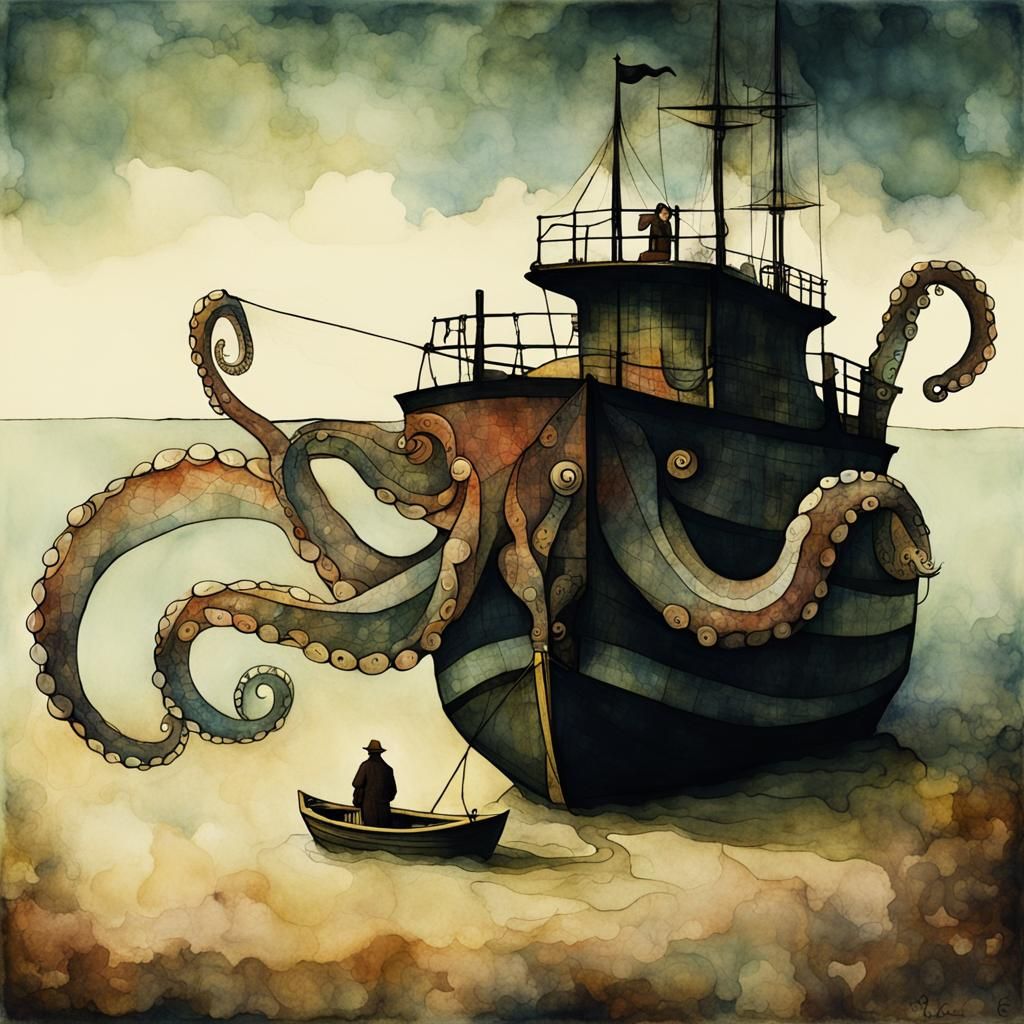 Octopus Ship Steampunk Watercolor Digital Art