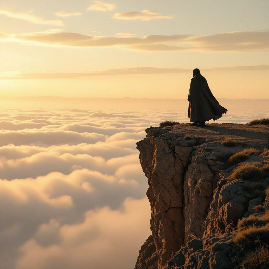 Lone Traveler at Cliff's Edge in Golden Light