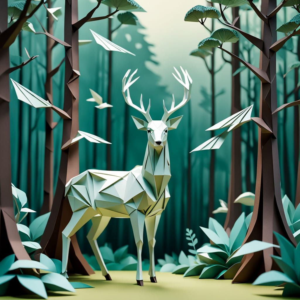Origami Deer in Serene Paper Forest