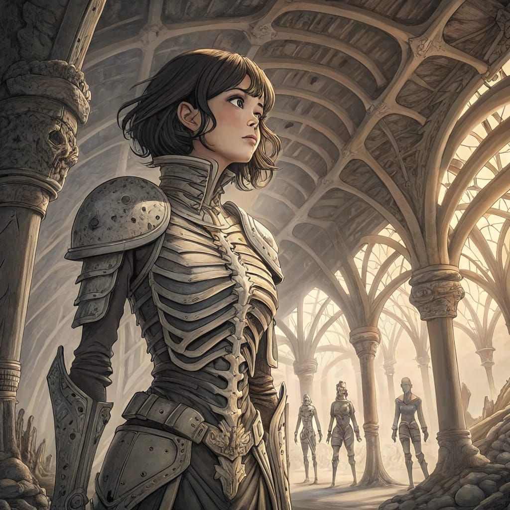 Anime manga picture of a woman in bone armor. In a chamber sculpted from bleached bone, where osseous pillars stretch to...
