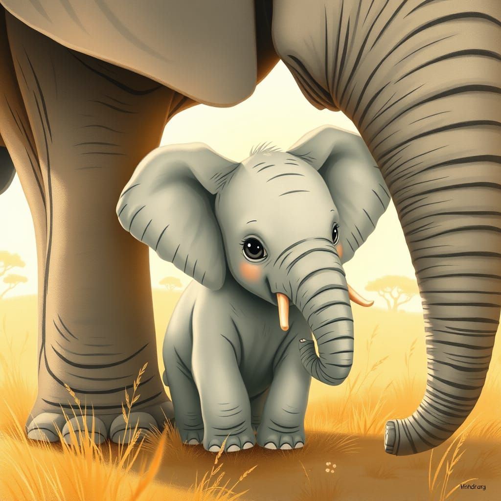 Majestic Baby Elephant in Whimsical Savannah Scene