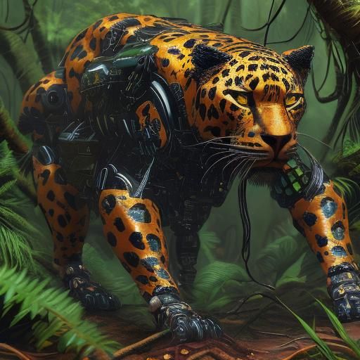 Mechanoid Panther Crawling Through Jungle, Comic Art