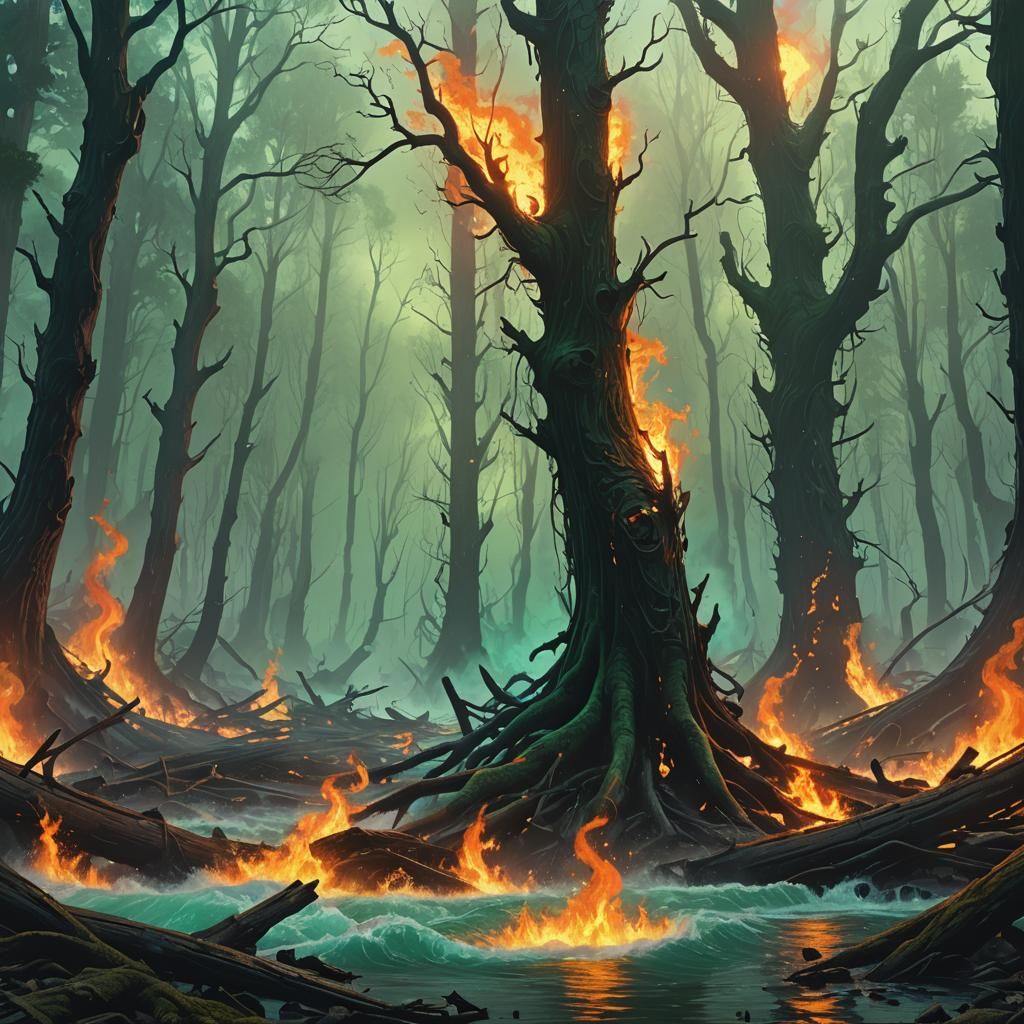 Create for me a scene where water and fire are fighting and ...