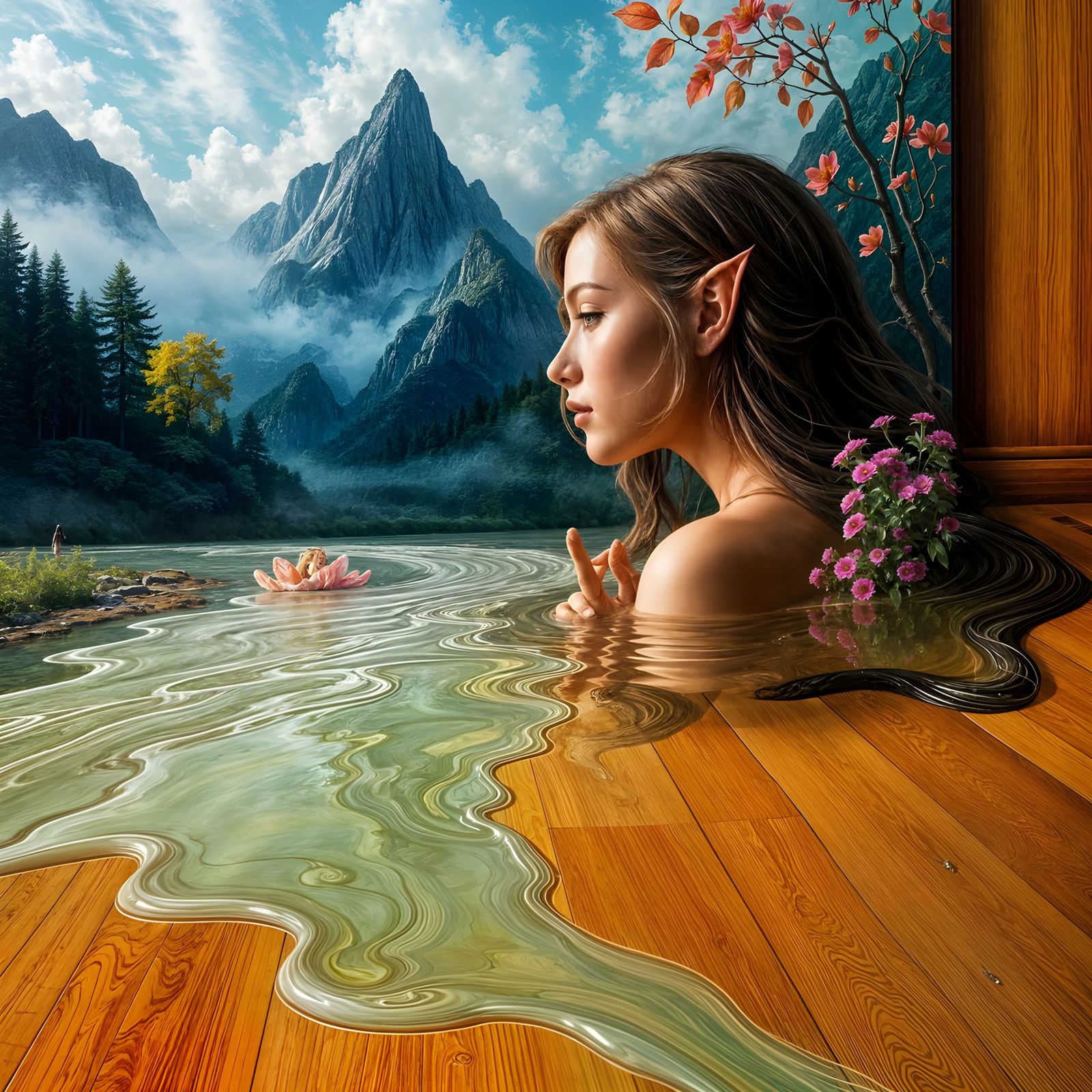 Ethereal Elven Woman Emerges from Surreal Oil Painting
