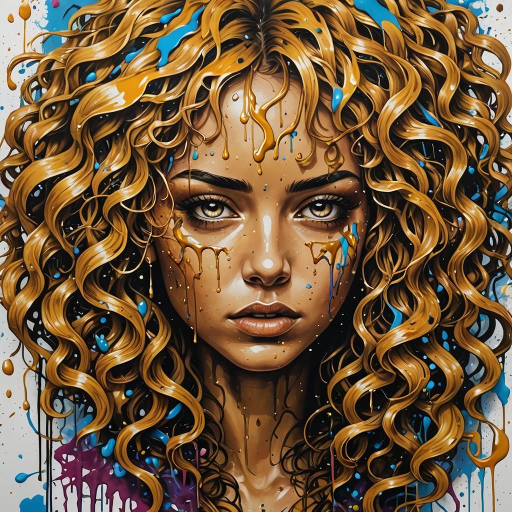 Golden Teardrop Graffiti Art with Polychromatic Details