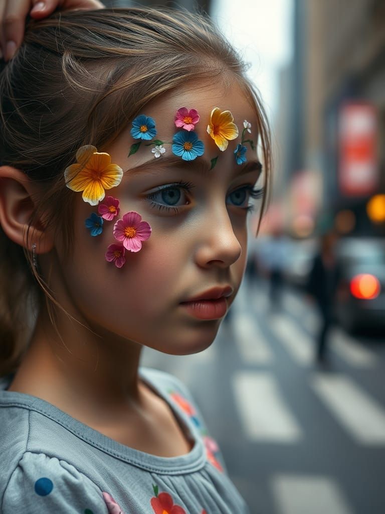 Floral Face: Serene Girl in Urban Portrait